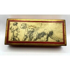 Vintage 1960s Florentia Gilt painted box lions Gold red Made in Italy